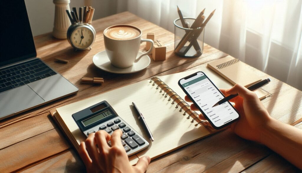 Person using a budgeting app at a clean home workspace with calculator and coffee.