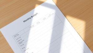 Printed monthly budget on a table