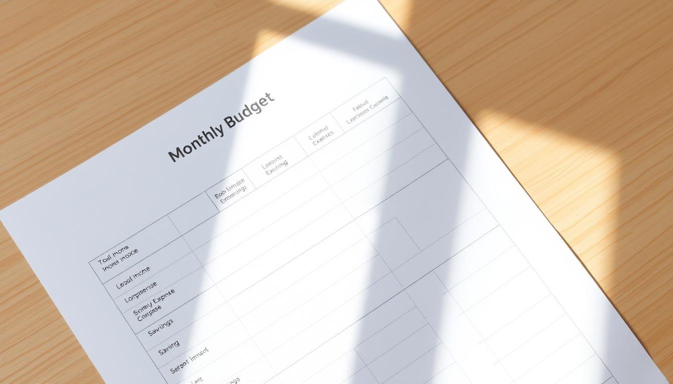 Printed monthly budget on a table