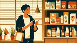 Person calmly choosing a budget-friendly item in a store, symbolizing frugal behavior