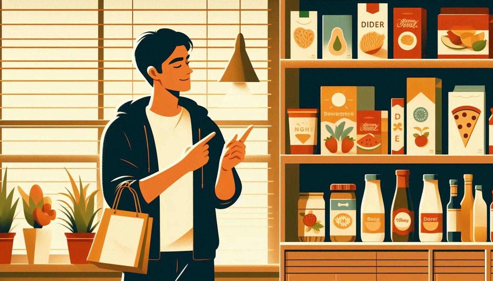 Person calmly choosing a budget-friendly item in a store, symbolizing frugal behavior