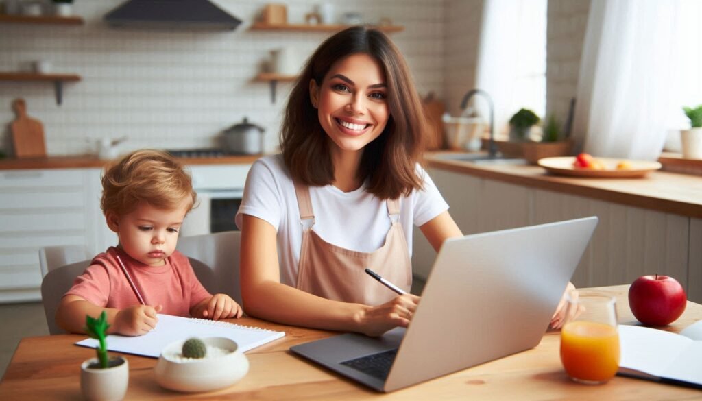 Stay-at-home mom working on a laptop while her toddler plays beside her, illustrating virtual assistance side hustle.