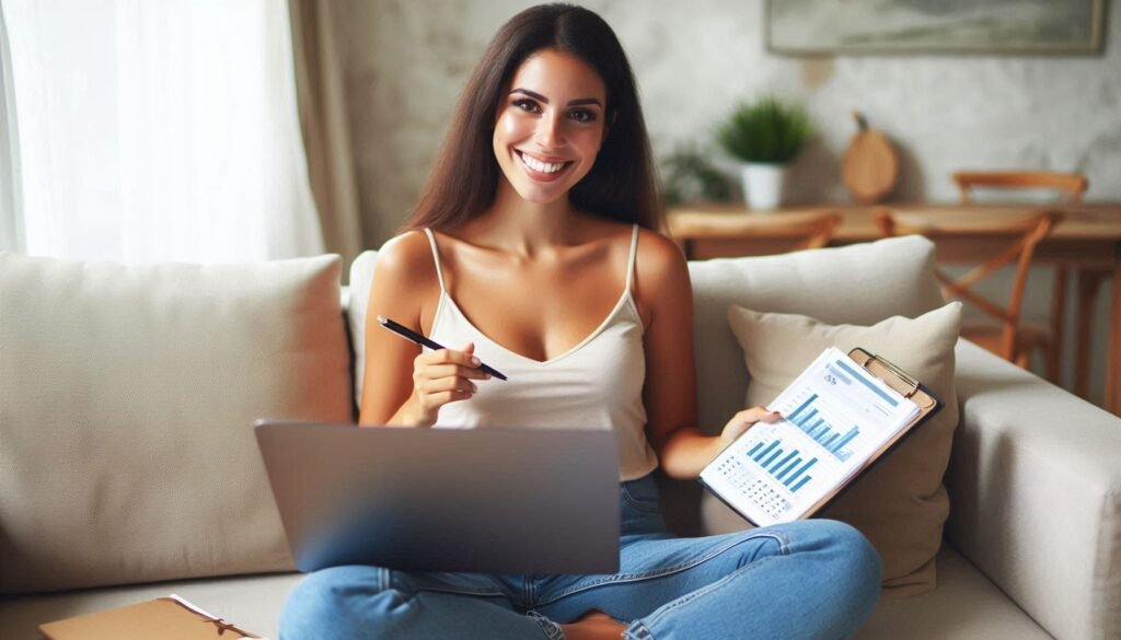 Woman reviewing monthly expenses on a laptop and taking notes for her budget plan.