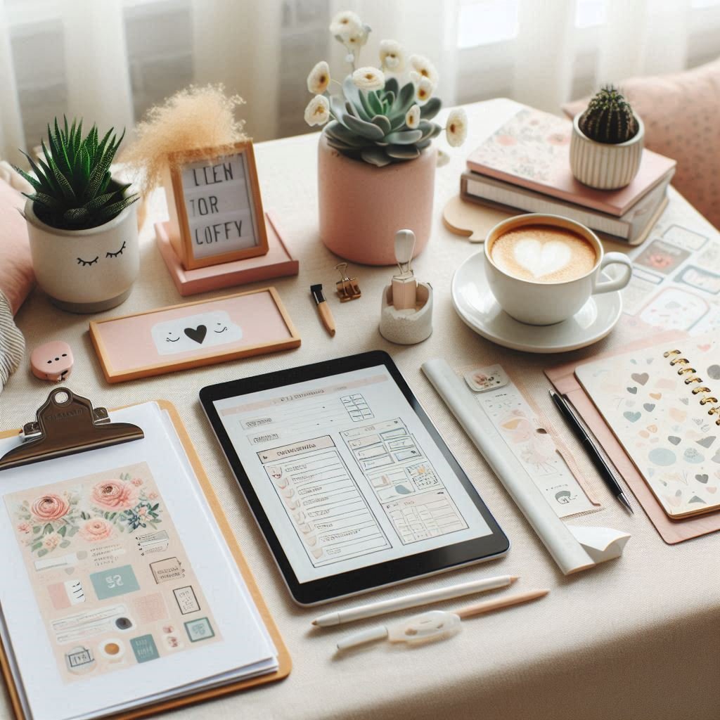 A neatly arranged workspace showing both printable and digital resources — includes printed workshee (1) A neatly arranged workspace showing both printable and digital resources — includes printed worksheet