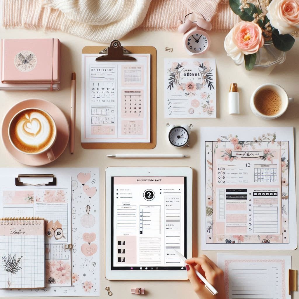 A neatly arranged workspace showing both printable and digital resources — includes printed workshee