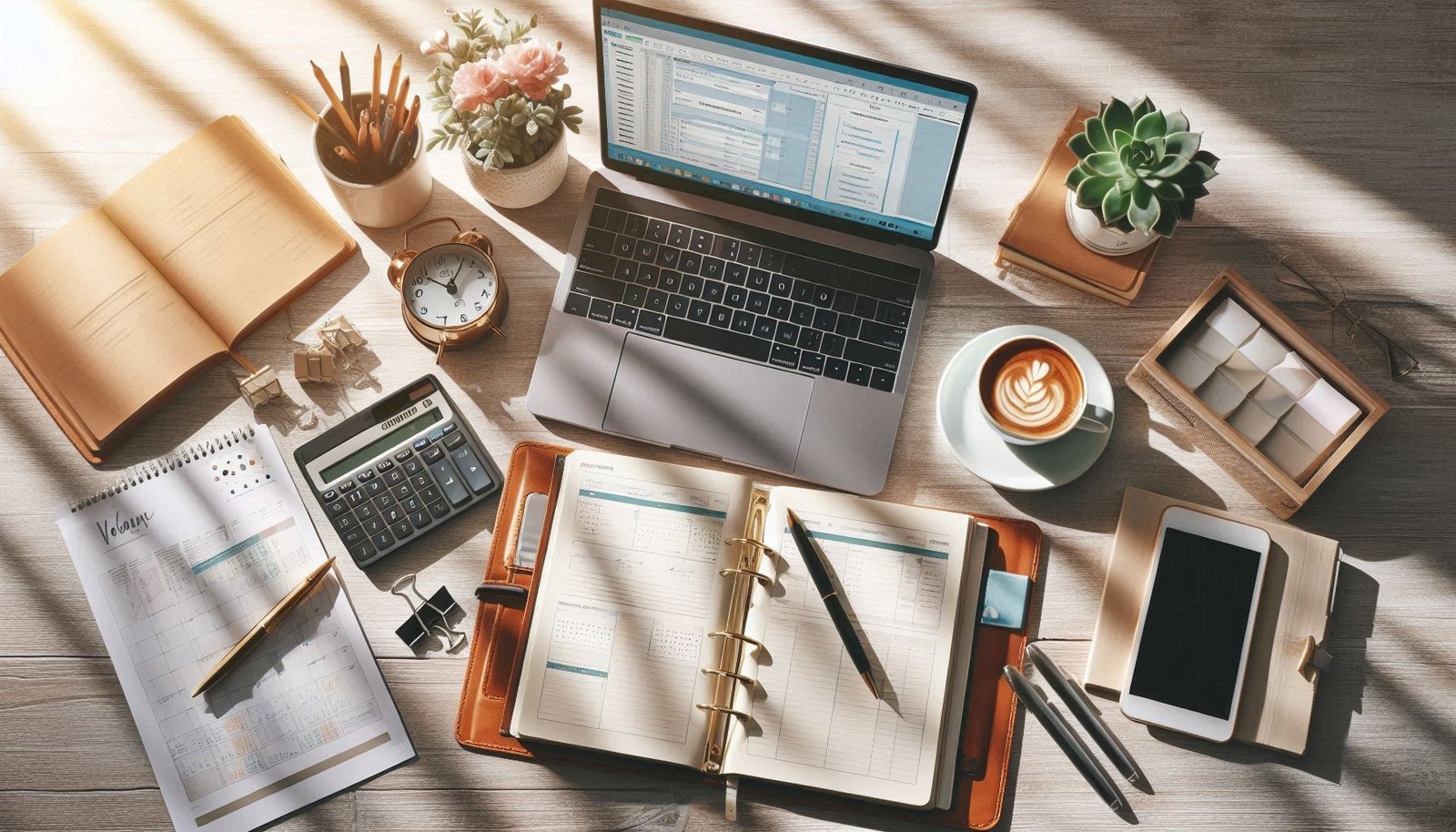 Flat lay of a cozy home workspace with a laptop and planner, representing a side hustle setup.