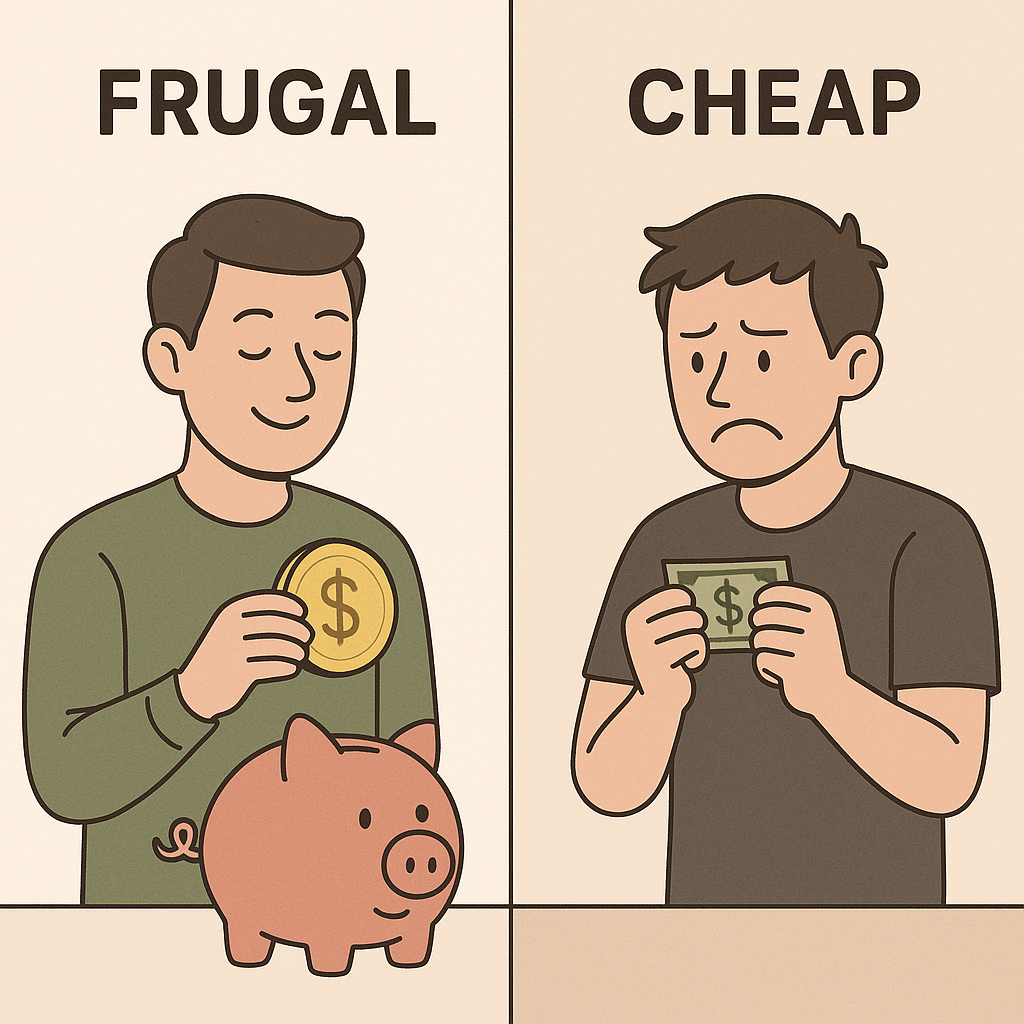 Illustration showing the contrast between a frugal person and a cheap person with minimalist style